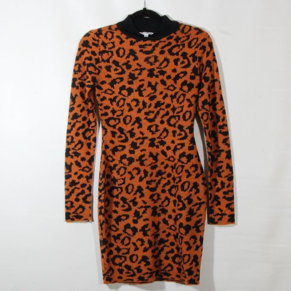 Derek Heart Brown Animal Leopard Print Mock Neck Sweater Mini Dress Size Small - Picture 1 of 6